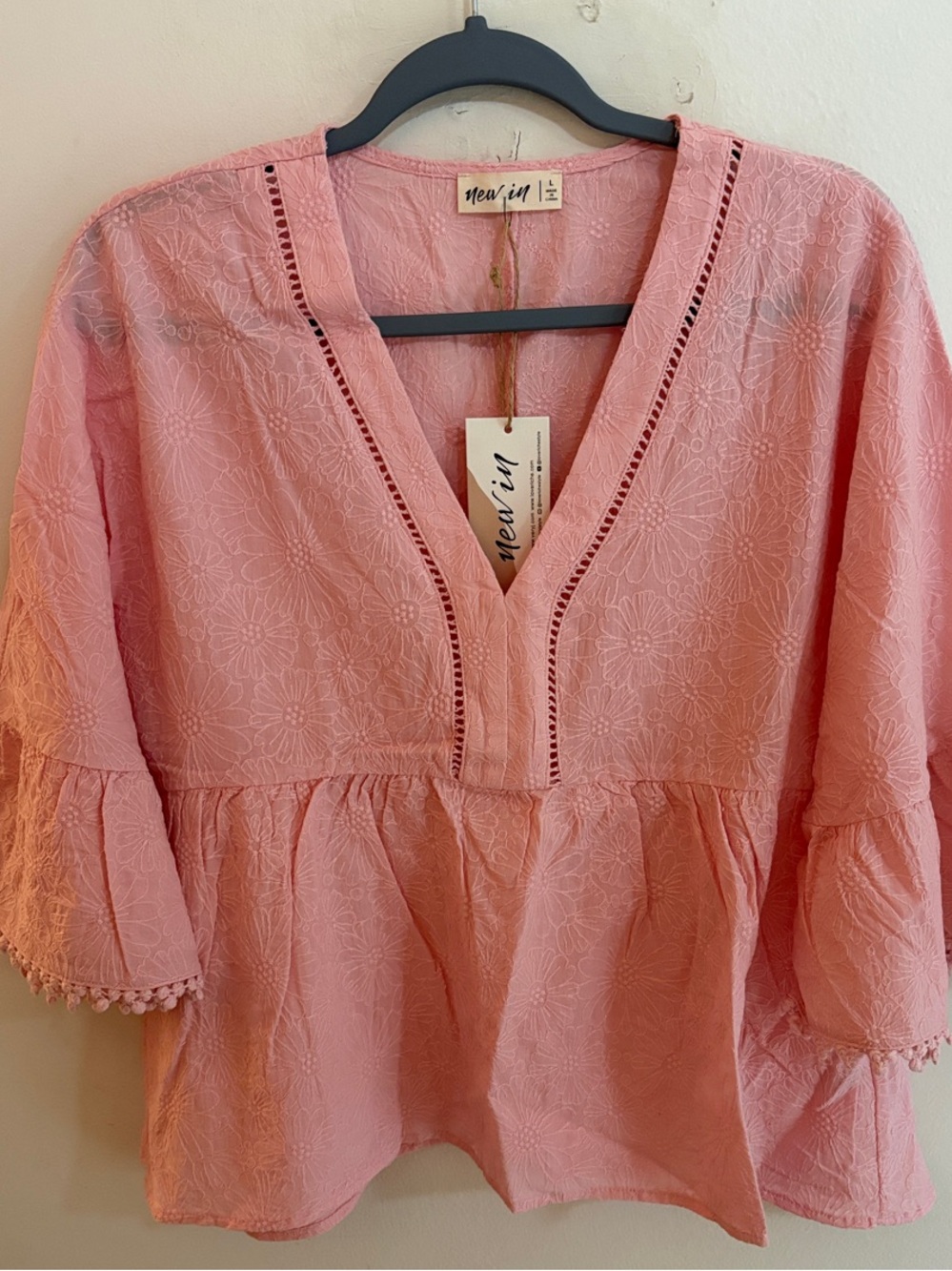 New In Pink Embroidered V-Neck Peplum Tunic